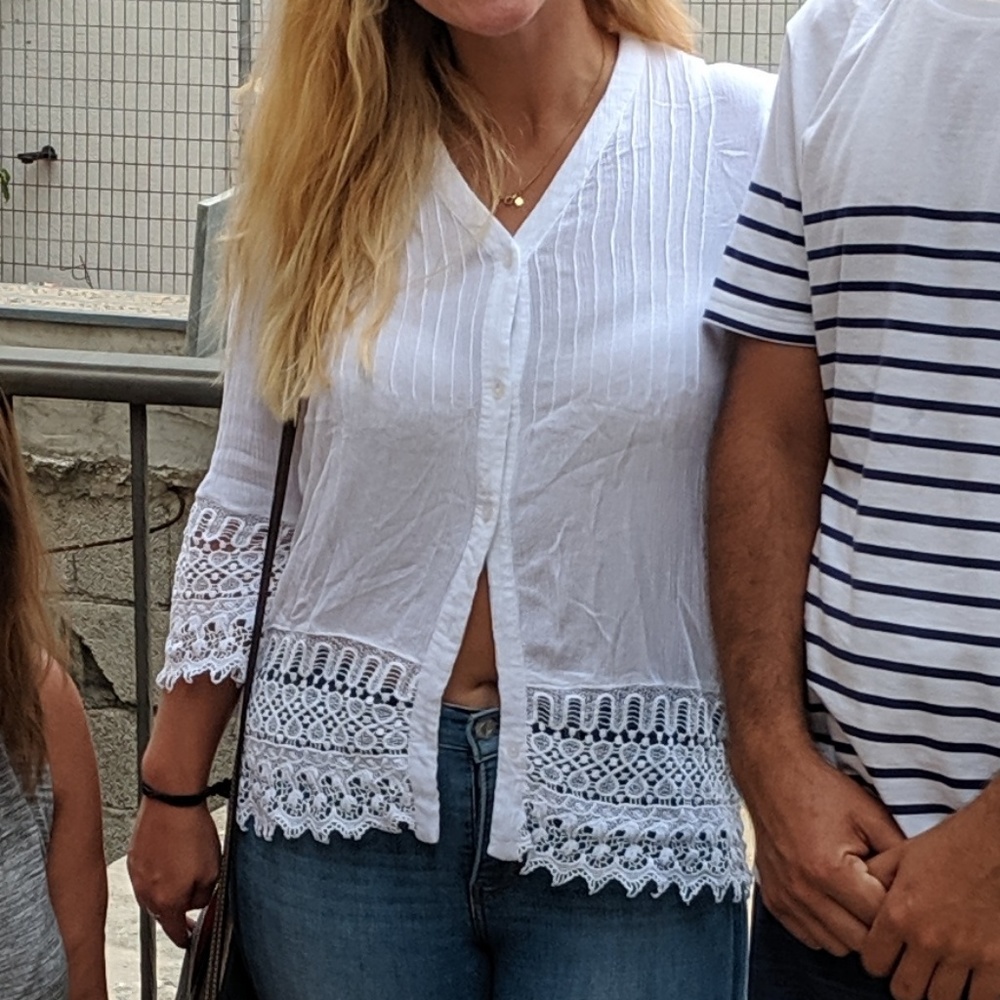 White button down top with lace sleeves